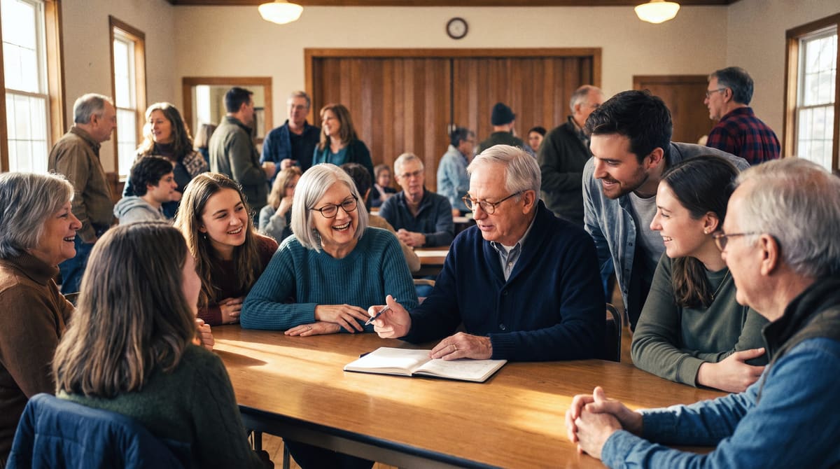 The same couple at the heart of a long table in a community hall, sharing their experience with younger members