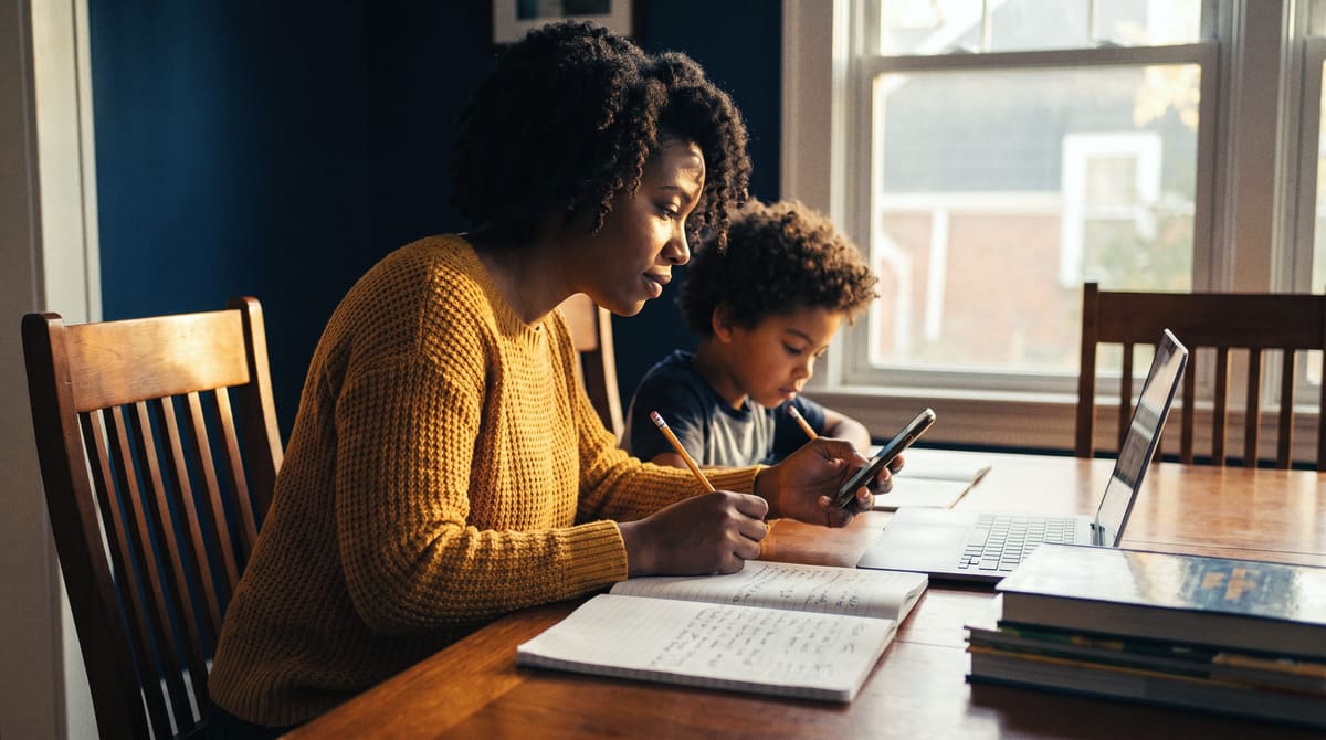 A mother at her dining table helping her son with his homework while answering a work message on her phone